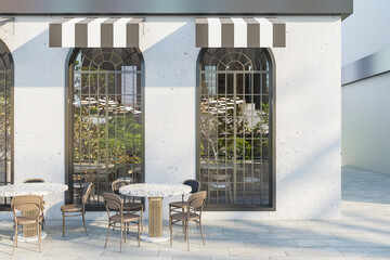 Bright concrete cafe exterior with terrace furniture in daylight. 3D Rendering.