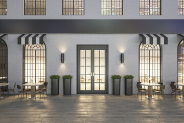 Creative concrete cafe exterior with terrace furniture at night. 3D Rendering.