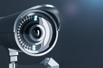 Close up of cctv camera on gray background with mock up place for your text and advertisement....