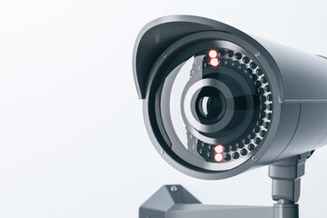 Close up of cctv camera on light background with mock up place for your text and advertisement....