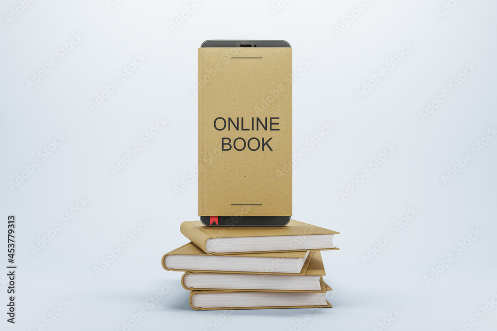 Poster Creative e-book concept image with smartphone and stacked books on white background. Online learning and library concept. 3D Rendering.
