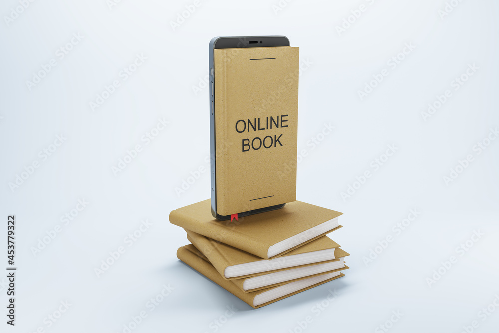 Aufkleber creative e-book concept image with cellphone and stacked books on white background. online learning 