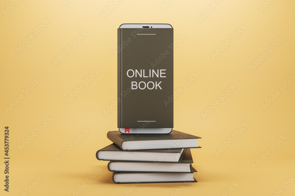 Poster creative e-book concept image with smartphone and stacked books on peach background. online learning