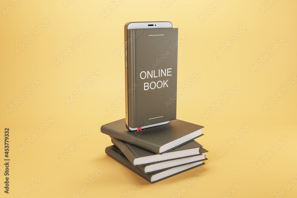 Poster Creative e-book concept image with mobile phone and stacked books on peach background. Online learning and library concept. 3D Rendering.