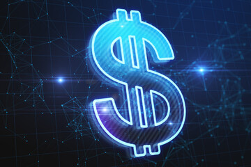 Creative glowing polygonal dollar sign on blue background. Online banking and digital...