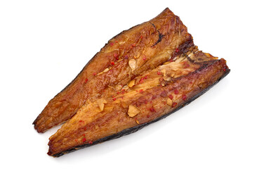 Smoked and peppered mackerel fillet, isolated on white background.