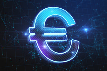 Creative glowing polygonal euro sign on blue background. Online banking and digital transformation concept. 3D Rendering.