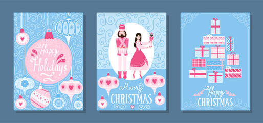 Set of Christmas greeting cards with nutcracker and ballerina princes with lettering and xmas toys in childish style, printable postcard for winter holidays, collection of cards templates