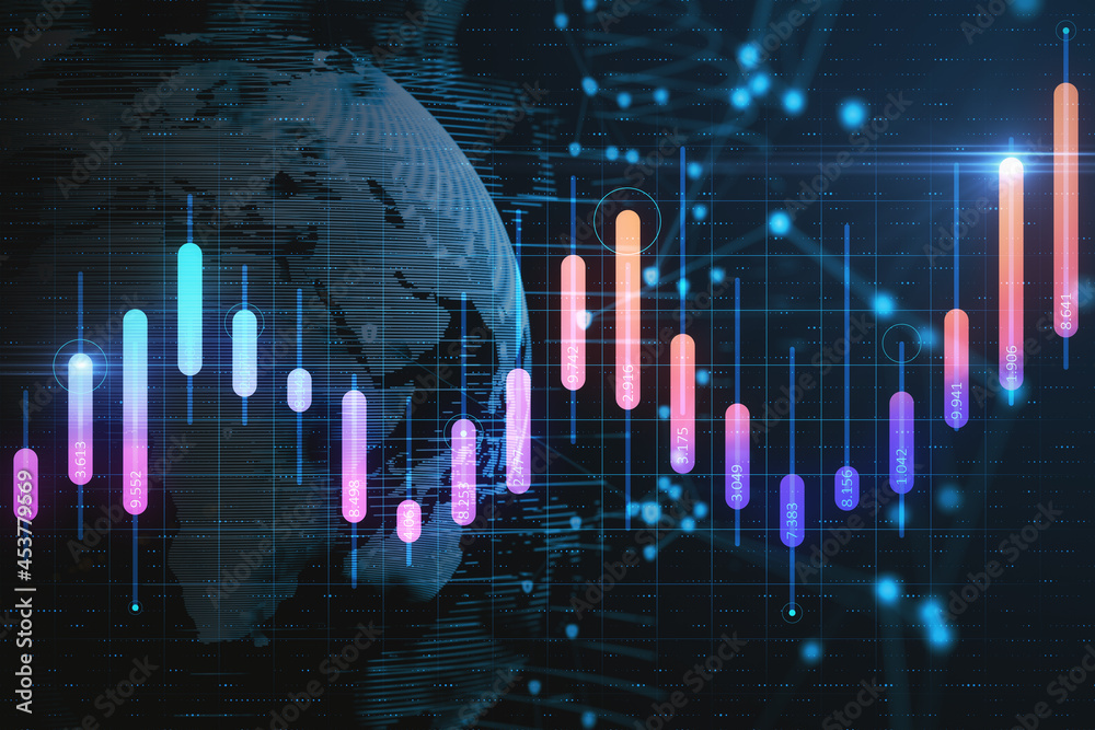 Aufkleber creative glowing business graph and map on dark background. global investment and profit concept. do