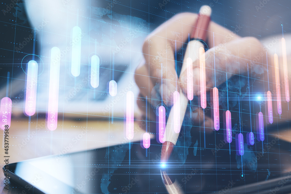 Aufkleber Close up of hands using touchpad at desktop with creative glowing business graph and map on blurry background. Global investment and profit concept. Double exposure.