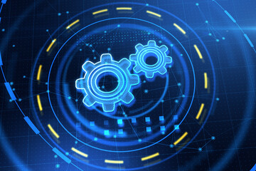 Creative glowing gear wheels on blue background with connections. Digital engineering and industry concept. 3D Rendering.