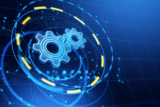 Abstract glowing gear wheels on blue background with connections. Digital engineering and industry concept. 3D Rendering.