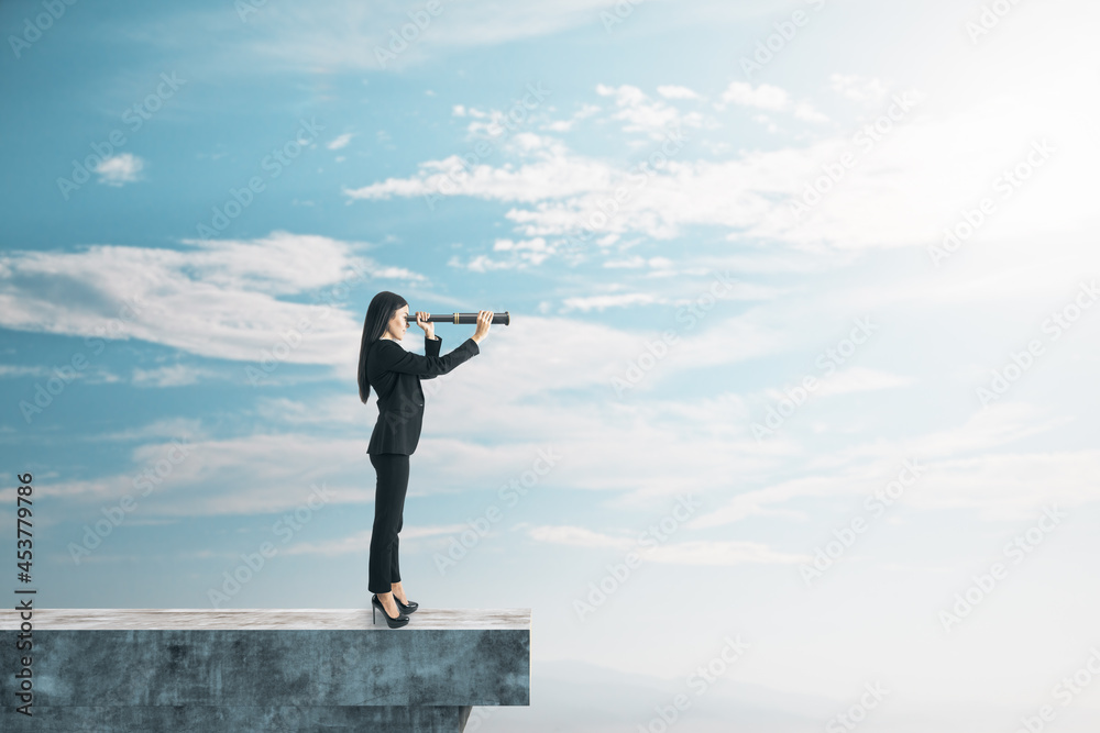 Poster businesswoman with telescope on abstract concrete edge looking into the distance on creative bright 