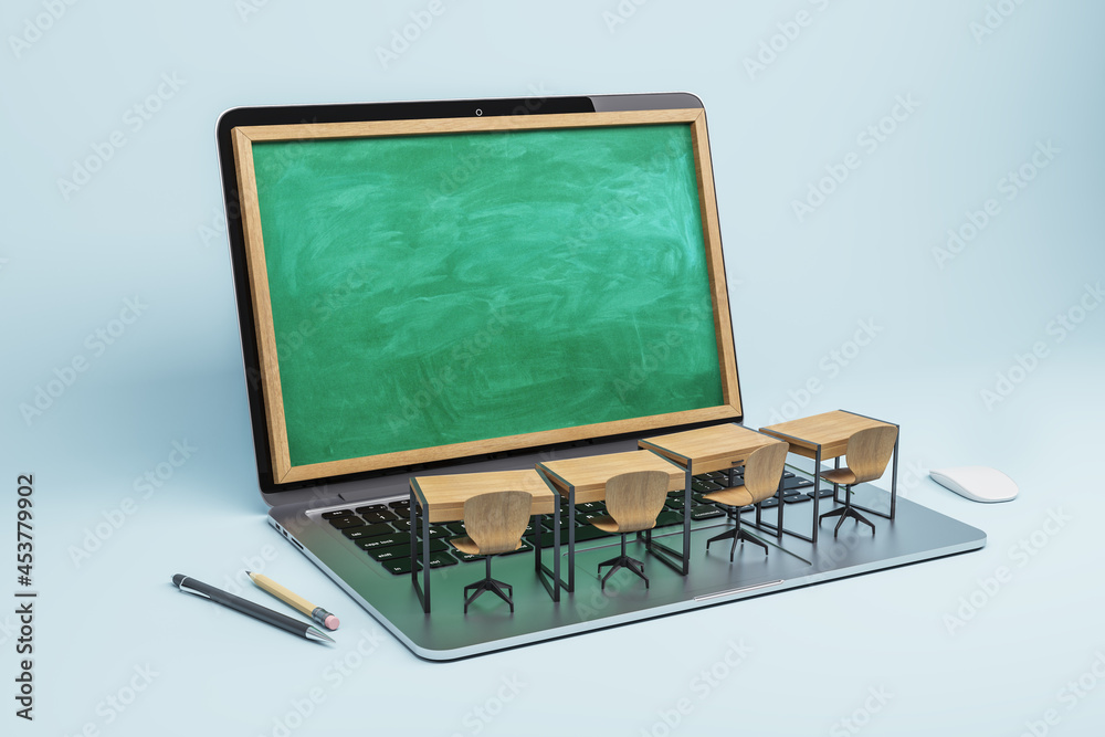 Poster abstract notebook chalkboard screen classrom on light background. online education, seminar, worksho