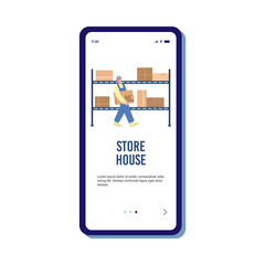 Storehouse onboarding screen with storage worker, flat vector illustration.