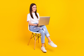 Full body profile side photo of young woman happy smile sit chair work laptop programmer isolated over yellow color background