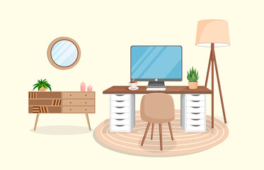 Modern interior for home office with computer, cabinet, remote work, freelancing, education. Workplace with houseplants. Vector illustration in flat cartoon style. Comfortable workplace and apartment.