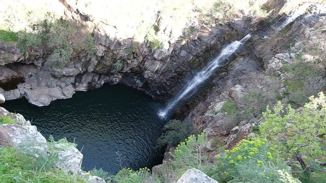 A natural waterfall in a basalt surroundings. a slow motion handheld shot of the serene environment, with fantastic calm water pool at the bottom. Golan heights, Israel.