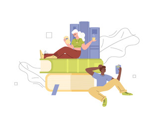 Obraz premium Young people sitting on huge books and read art literature or study textbooks.