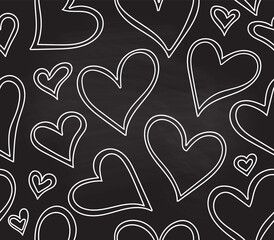 Valentine's day vector seamless pattern with handwritten hearts, chalk on blackboard
