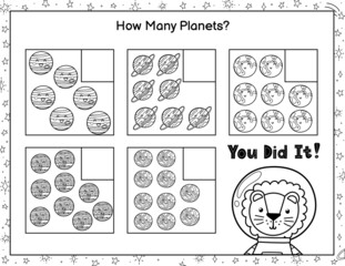 How many planets do you see? Count and write the number. Black and white mathematics educational game for kids. Vector illustration