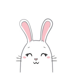 Rabbit close-up in a sitting position contour on a white background looks in front of the muzzle visible ears stick up
