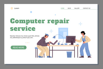 Computer repair service web page interface flat cartoon vector illustration.