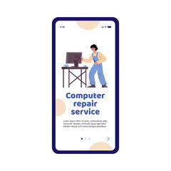 Computer repair service onboarding mobile page, flat vector illustration.