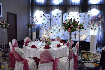luxury wedding rom banquet sit down buffet party dining catering with flower decoration fusion halal menu at beautiful hotel restaurant vip ballroom