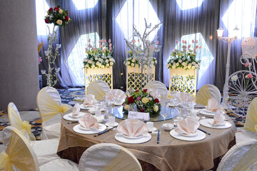 luxury wedding rom banquet sit down buffet party dining catering with flower decoration fusion halal menu at beautiful hotel restaurant vip ballroom