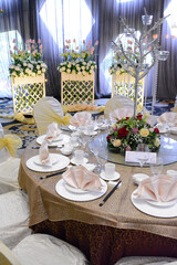 luxury wedding rom banquet sit down buffet party dining catering with flower decoration fusion halal menu at beautiful hotel restaurant vip ballroom