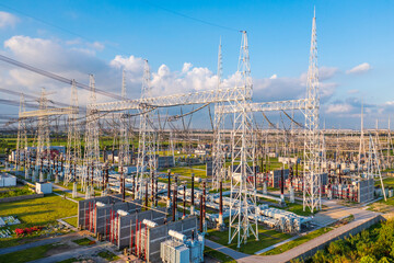 Aerial view of a high voltage substation.