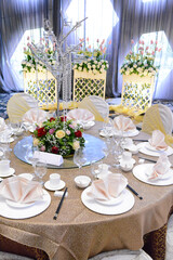 luxury wedding rom banquet sit down buffet party dining catering with flower decoration fusion halal menu at beautiful hotel restaurant vip ballroom