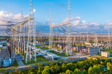 Aerial view of a high voltage substation.