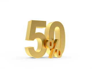 Gold 50 percent discount isolated on white background. 3d illustration 