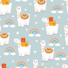 Seamless pattern with funny llamas with gifts, rainbows, clouds and stars on a gray background. Vector illustration for baby texture, fabric, poster, greeting card, decor. Cute alpaca from Peru.