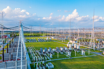 Aerial view of a high voltage substation.