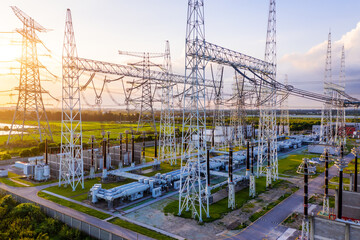 Aerial view of a high voltage substation.