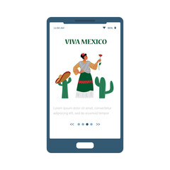 Mexican woman in mobile phone onboarding page, flat vector illustration.