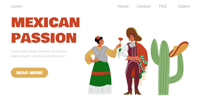 Mexican culture and music website with Latin people, flat vector illustration.