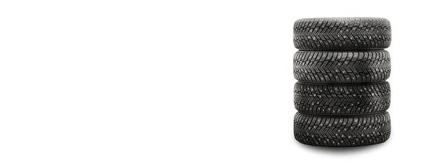 Fototapeta na wymiar winter studded tires isolate product four pieces stack on a white background with copyspace