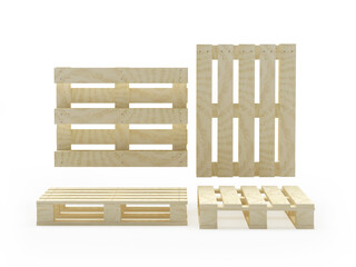 Set of wooden pallets in various projections isolated on white. 3d illustration 