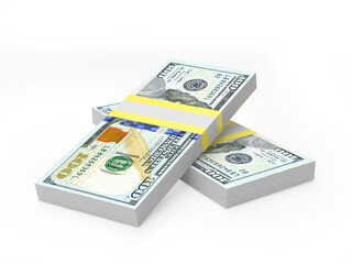 Two bundles of one hundred dollar bills isolated on white. 3D illustration 