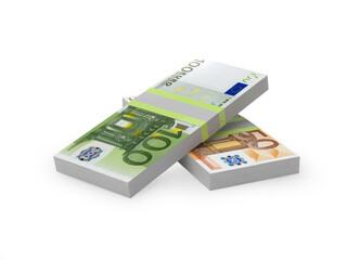 Bundles of Euro banknotes in denominations of 50 and 100 euros. 3D illustration 