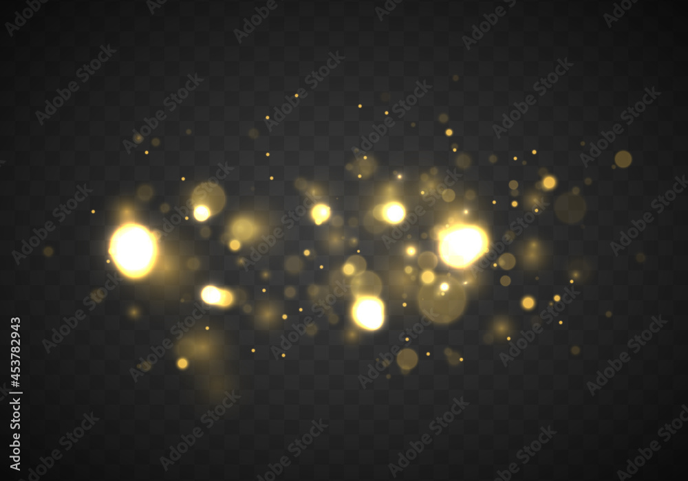 Poster Festive golden luminous background with colorful lights bokeh. Glow bokeh effect. Christmas concept. The dust sparks and golden stars shine with special light. Vector illustration.