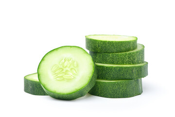 Cucumber slices isolated on white background.