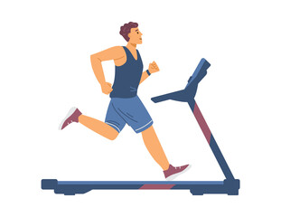 Athletic man running on treadmill, flat cartoon vector illustration isolated.