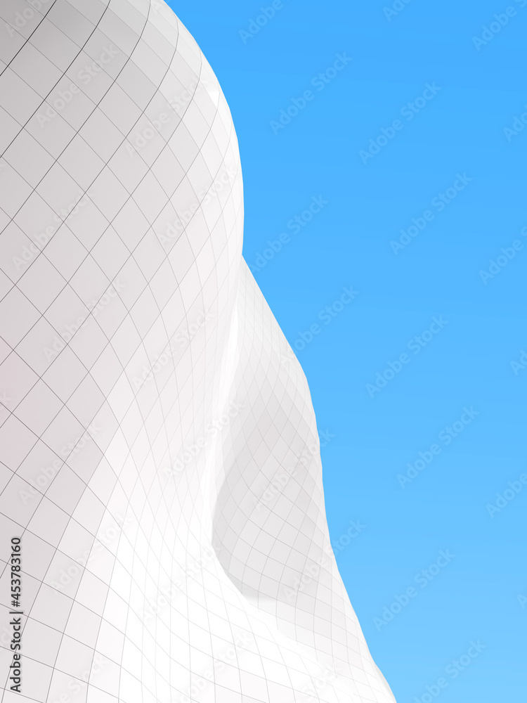 Poster Abstract white geometric architecture, wave pattern, modern building with panel facade design on blue sky background. 3d rendering.