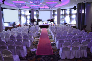 luxury wedding rom banquet sit down buffet party dining catering with flower decoration fusion...