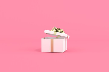 3D rendering of white gift box with golden ribbon on pink background.